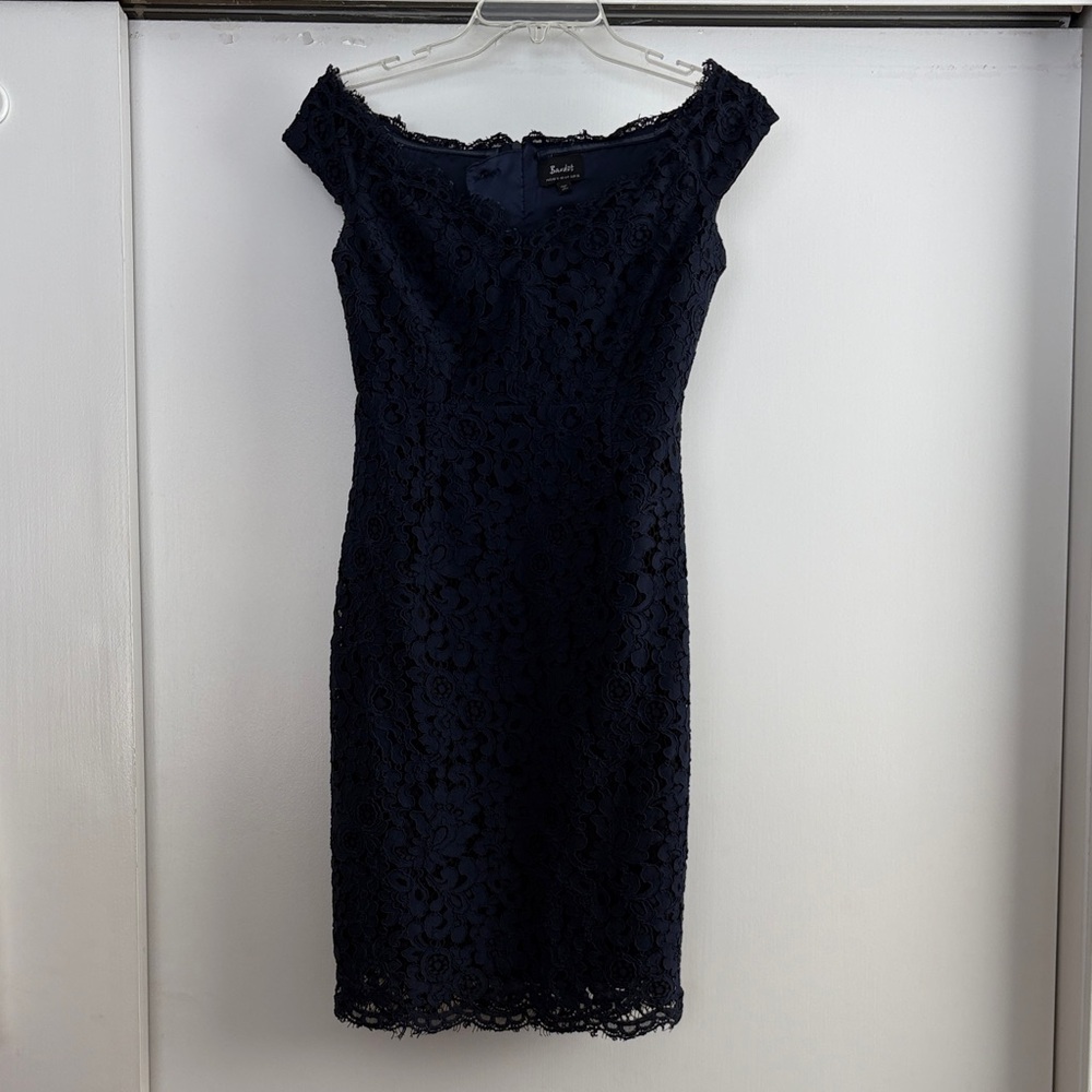 Bardot Navy Lace Sheath Off the Shoulder Mini Dress